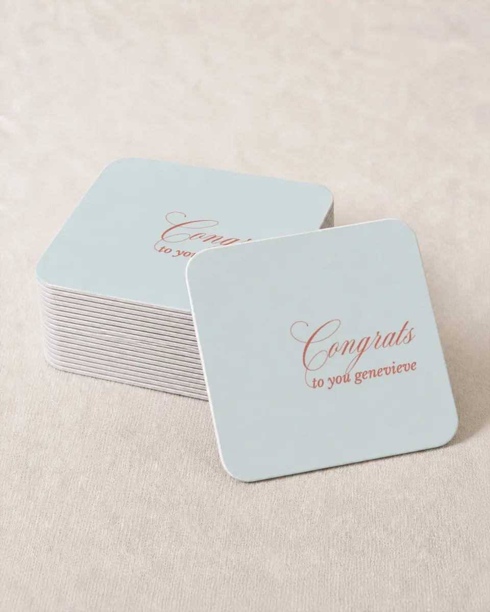 This is a 4" x 4" Wedding Coaster called Scripted Accolades printed in full color on Kraft Chipboard paper