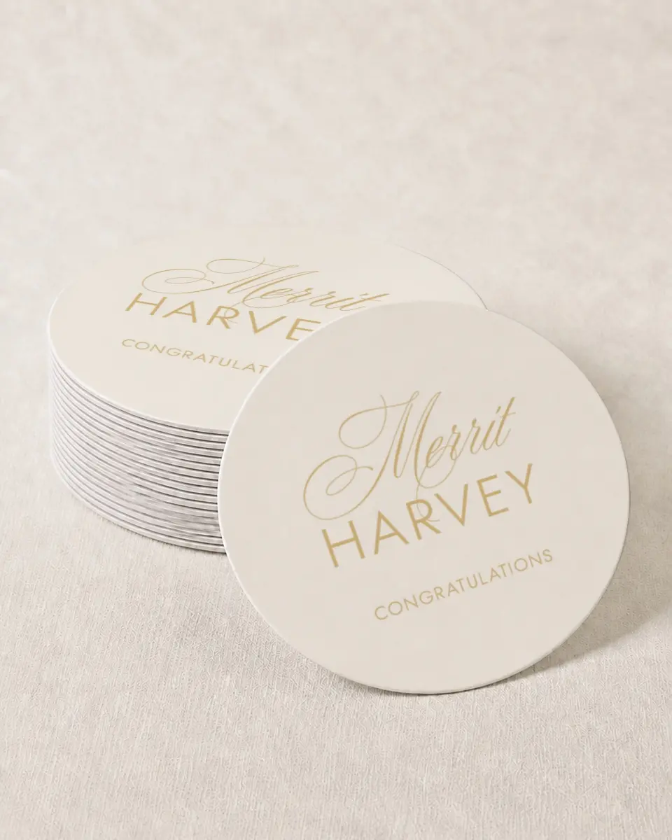 This is a 4" x 4" Wedding Coaster called Stay Golden printed in full color on Kraft Chipboard paper