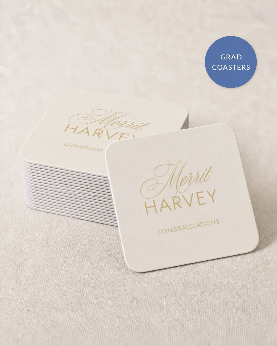 This is a 4" x 4" Wedding Coaster called Stay Golden printed in full color with Rose Gold foil on Kraft Chipboard paper