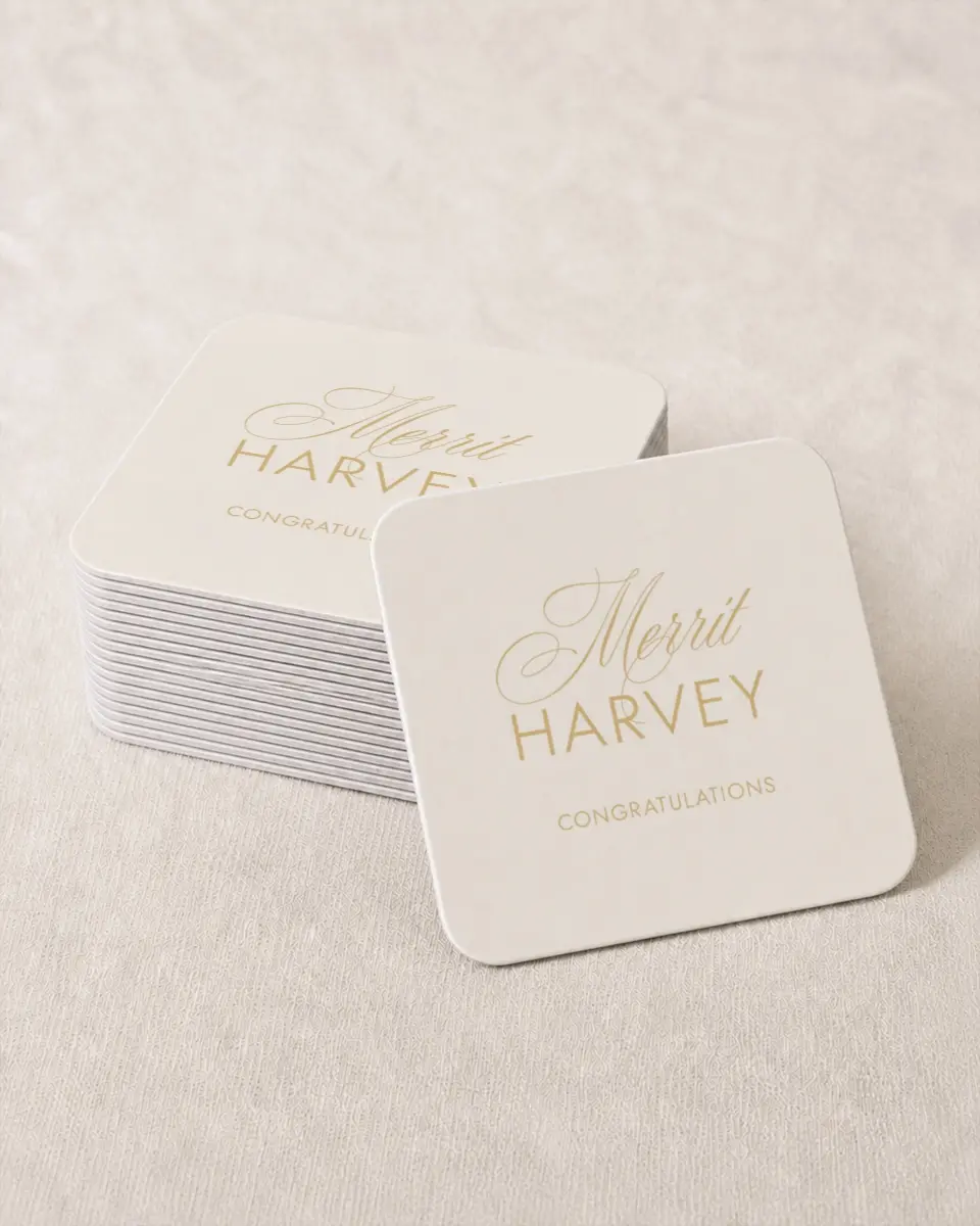 This is a 4" x 4" Wedding Coaster called Stay Golden printed in full color on Kraft Chipboard paper