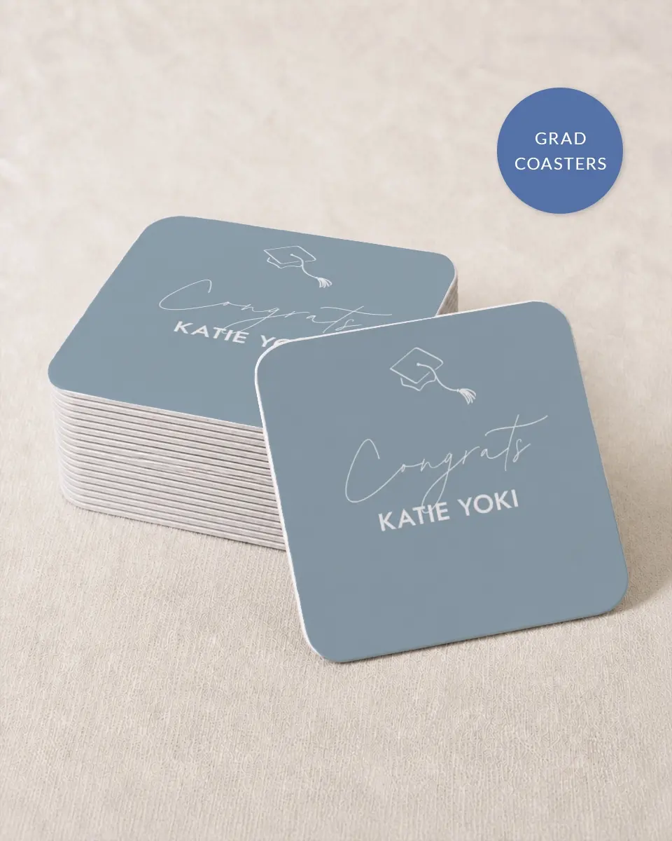 This is a 4" x 4" Wedding Coaster called Terrific Tassel printed in full color with Rose Gold foil on Kraft Chipboard paper
