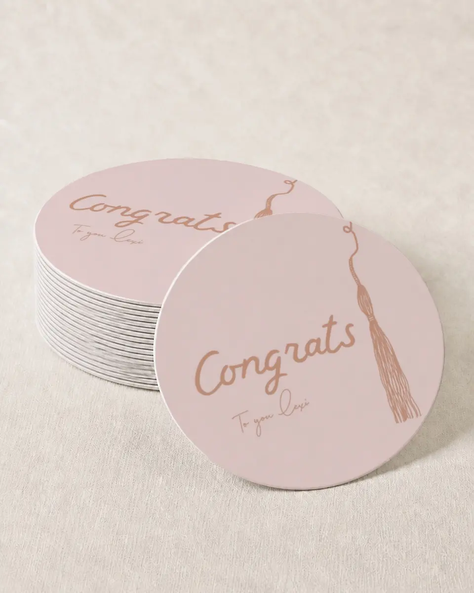 This is a 4" x 4" Wedding Coaster called Tassels on Tassels printed in full color on Kraft Chipboard paper