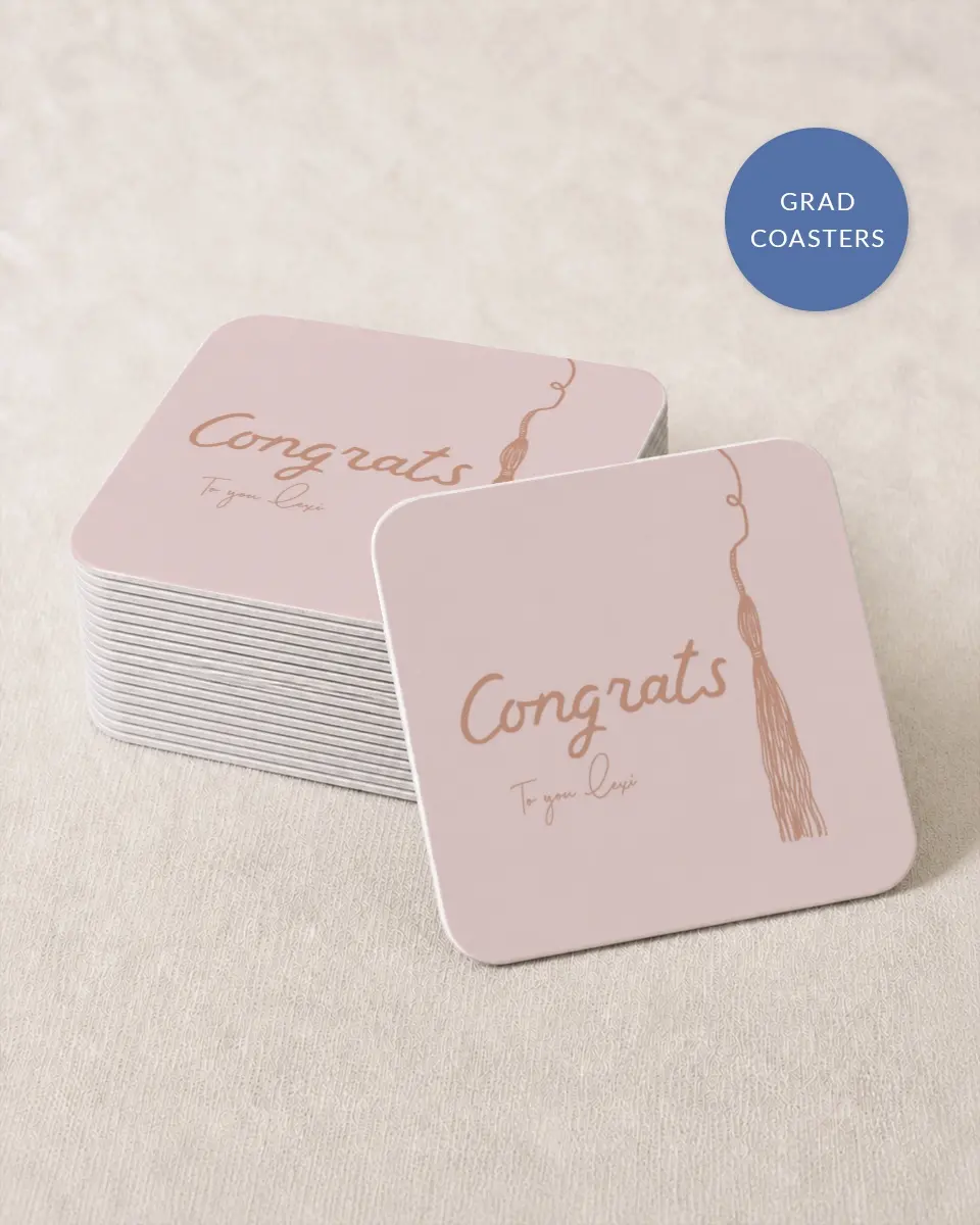 This is a 4" x 4" Wedding Coaster called Tassels on Tassels printed in full color with Rose Gold foil on Kraft Chipboard paper