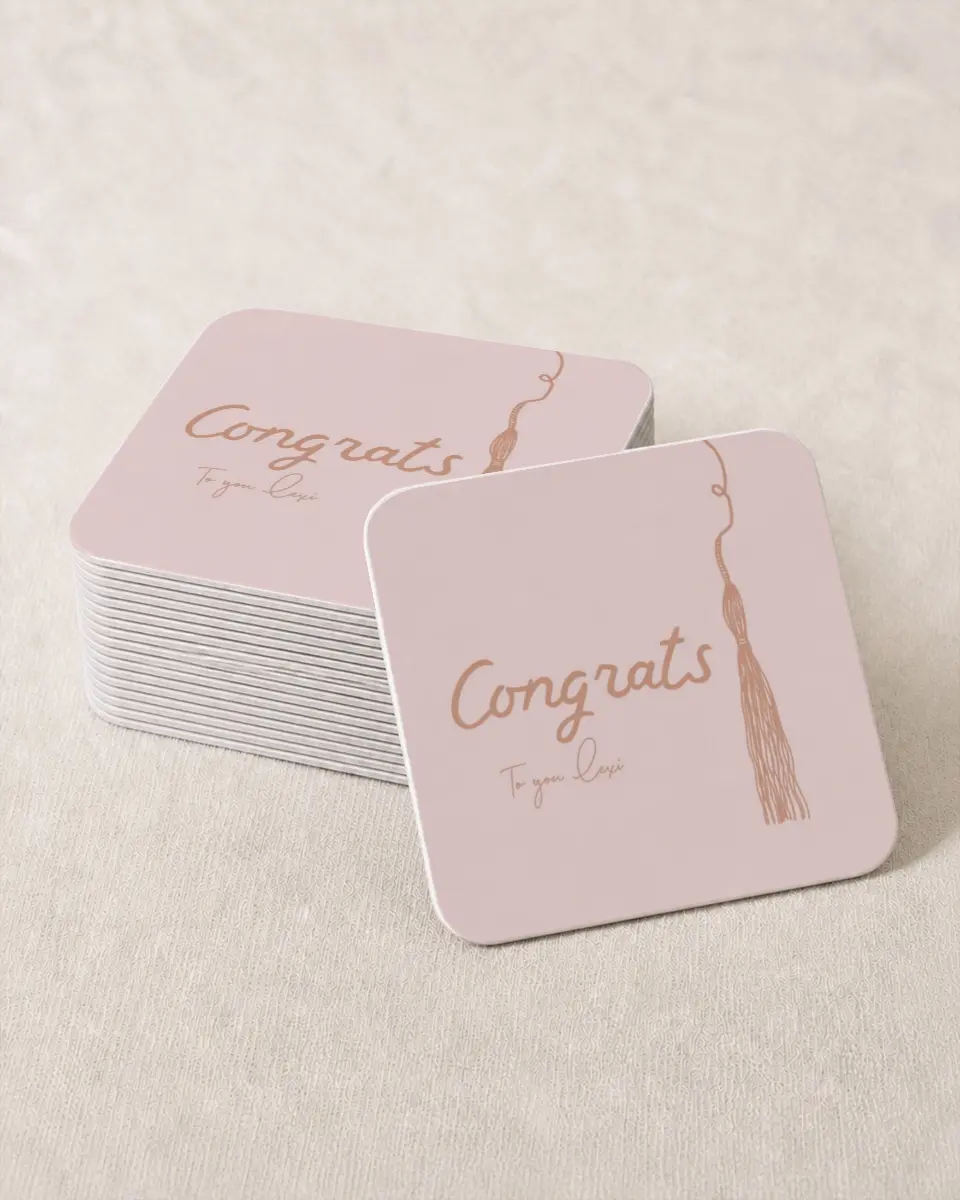 This is a 4" x 4" Wedding Coaster called Tassels on Tassels printed in full color on Kraft Chipboard paper