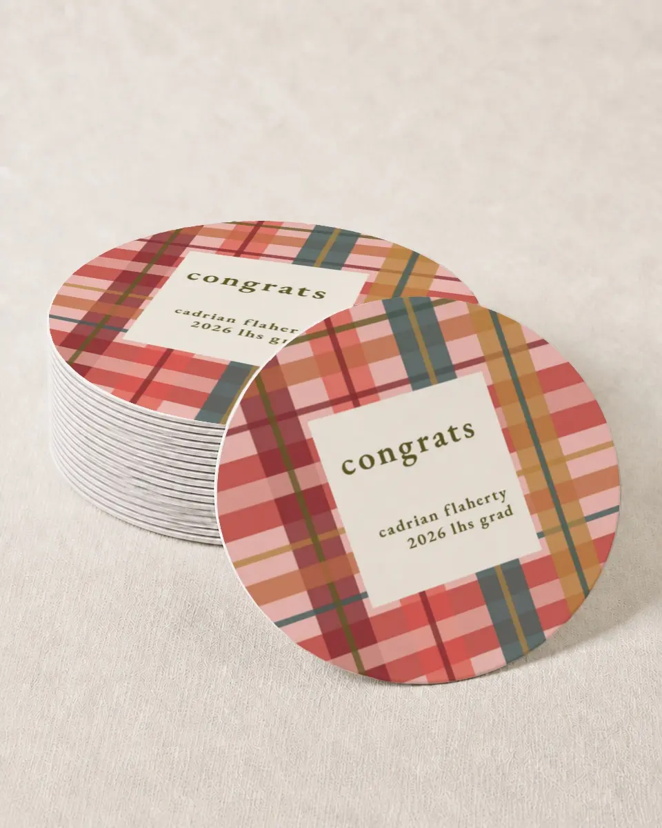 This is a 4" x 4" Wedding Coaster called Plaid Praise printed in full color on Kraft Chipboard paper