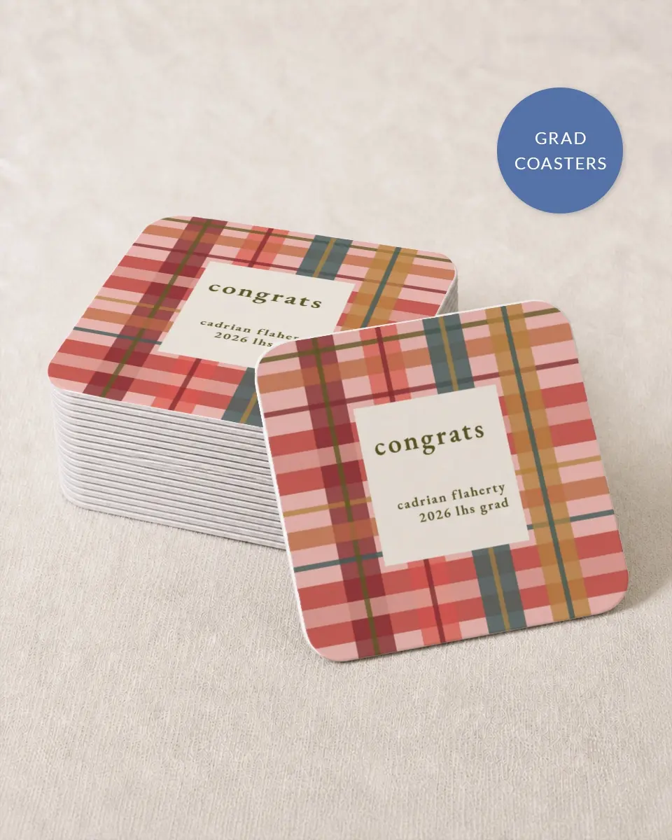 This is a 4" x 4" Wedding Coaster called Plaid Praise printed in full color with Gold foil on Kraft Chipboard paper