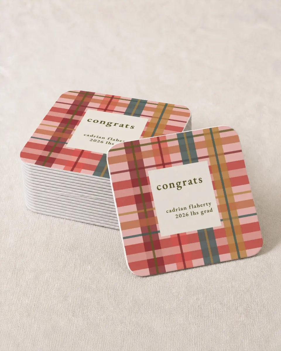 This is a 4" x 4" Wedding Coaster called Plaid Praise printed in full color on Kraft Chipboard paper