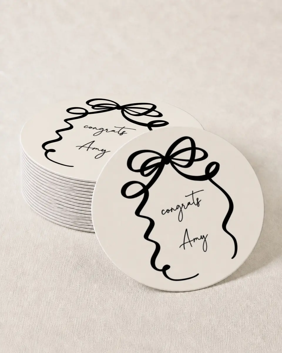 This is a 4" x 4" Wedding Coaster called All Tied Up printed in full color on Kraft Chipboard paper
