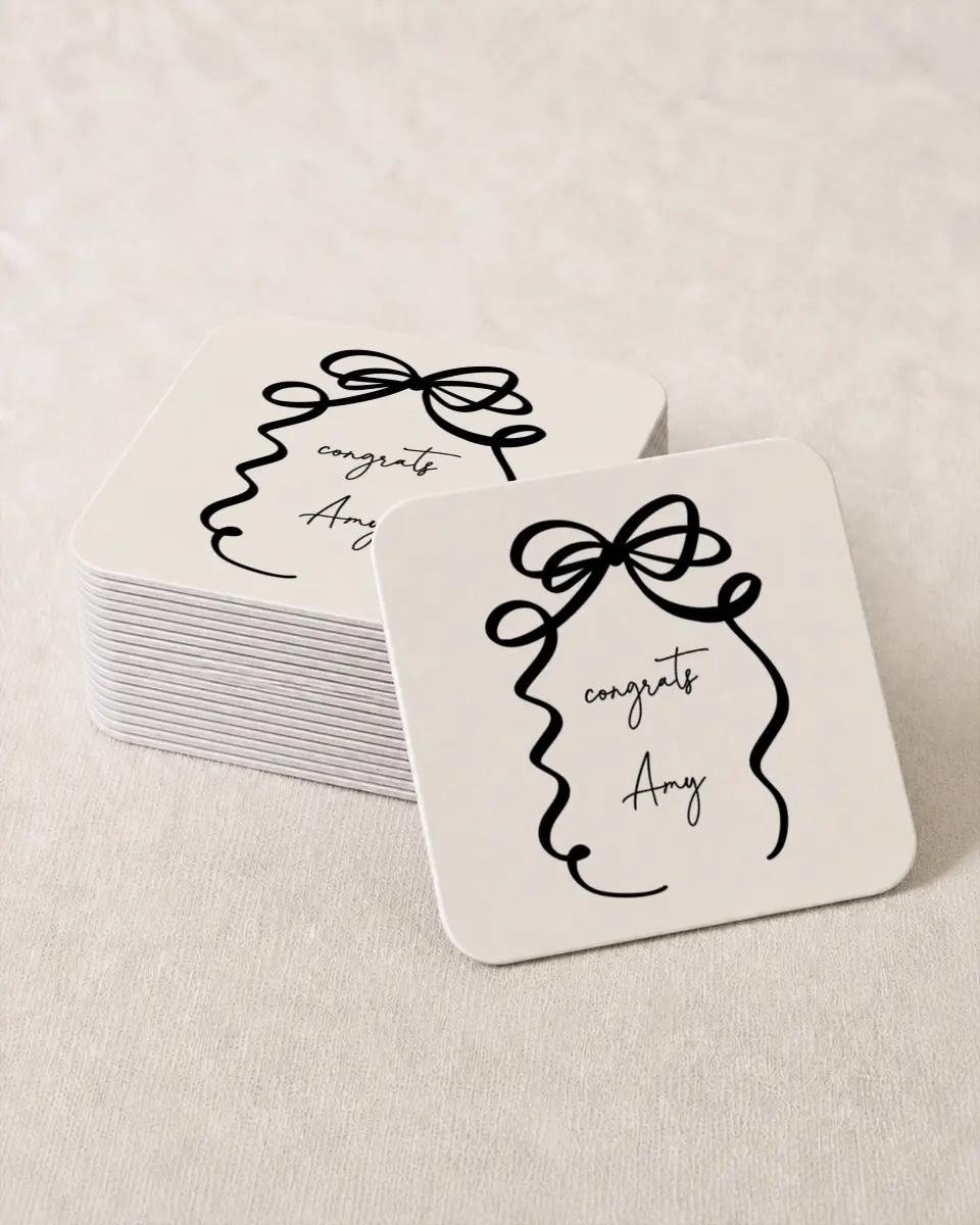 This is a 4" x 4" Wedding Coaster called All Tied Up printed in full color on Kraft Chipboard paper