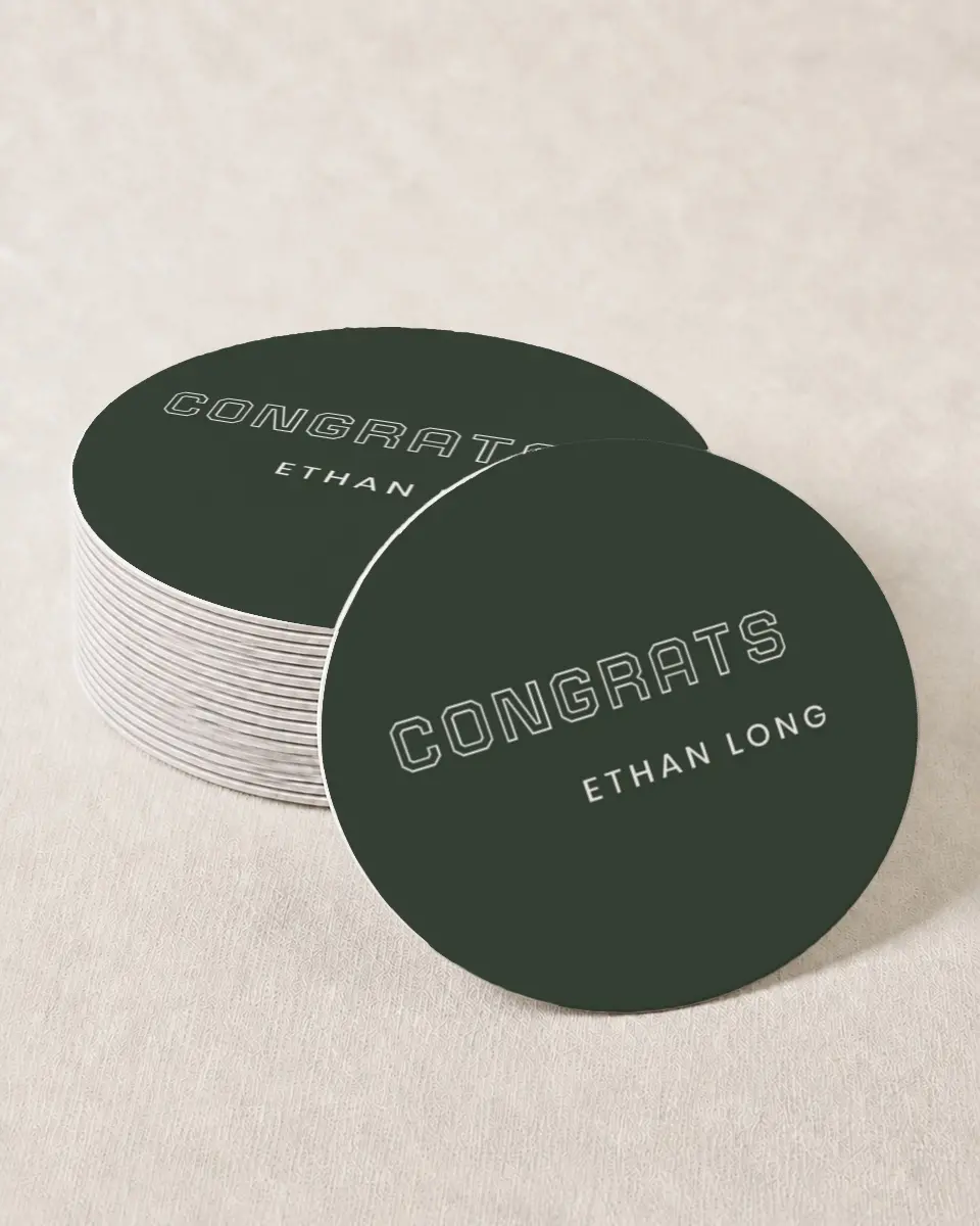 This is a 4" x 4" Wedding Coaster called Athletic Achievement printed in full color on Kraft Chipboard paper