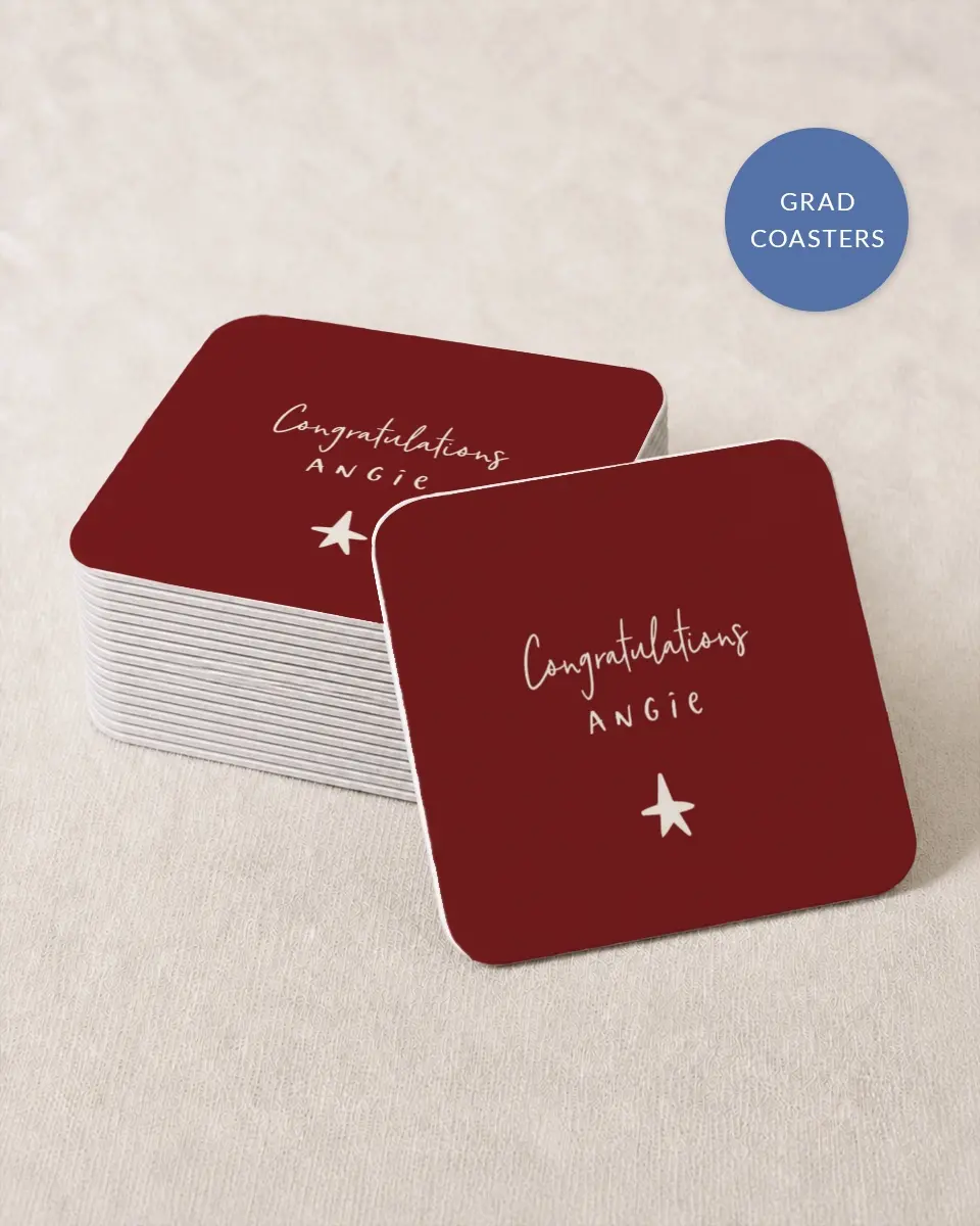 This is a 4" x 4" Wedding Coaster called Celebratory Confetti printed in full color with Gold foil on Kraft Chipboard paper