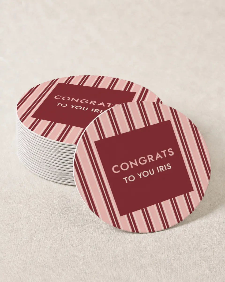 This is a 4" x 4" Wedding Coaster called Striped Admiration printed in full color on Kraft Chipboard paper
