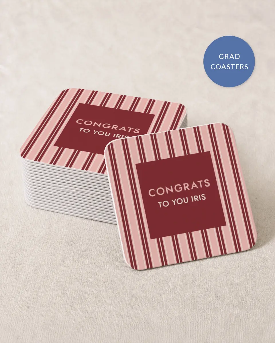 This is a 4" x 4" Wedding Coaster called Striped Admiration printed in full color with Silver foil on Kraft Chipboard paper