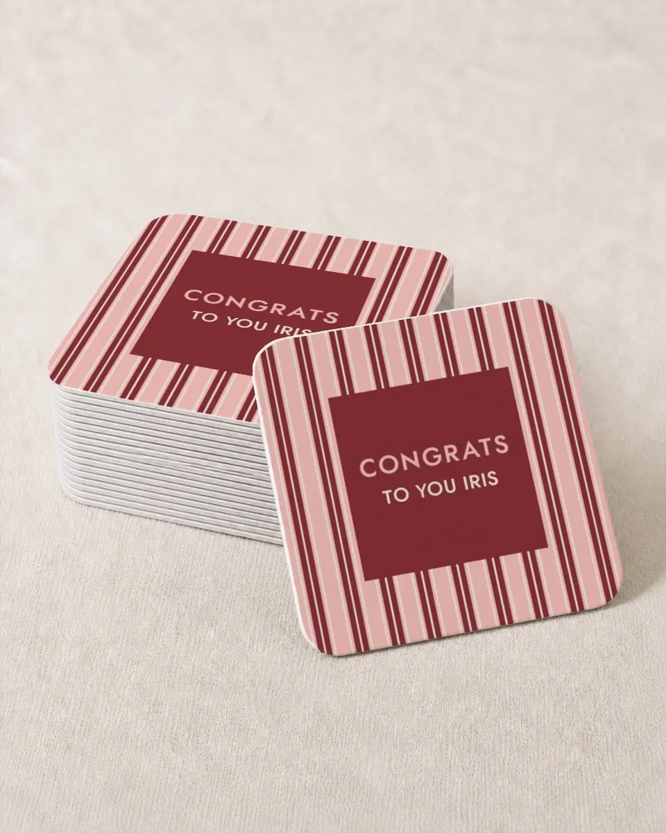 This is a 4" x 4" Wedding Coaster called Striped Admiration printed in full color on Kraft Chipboard paper