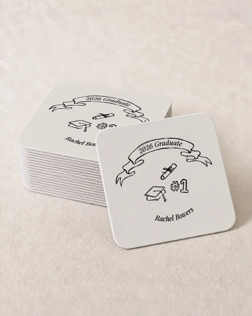 This is a 4" x 4" Wedding Coaster called Art of Achievement printed in full color on Kraft Chipboard paper