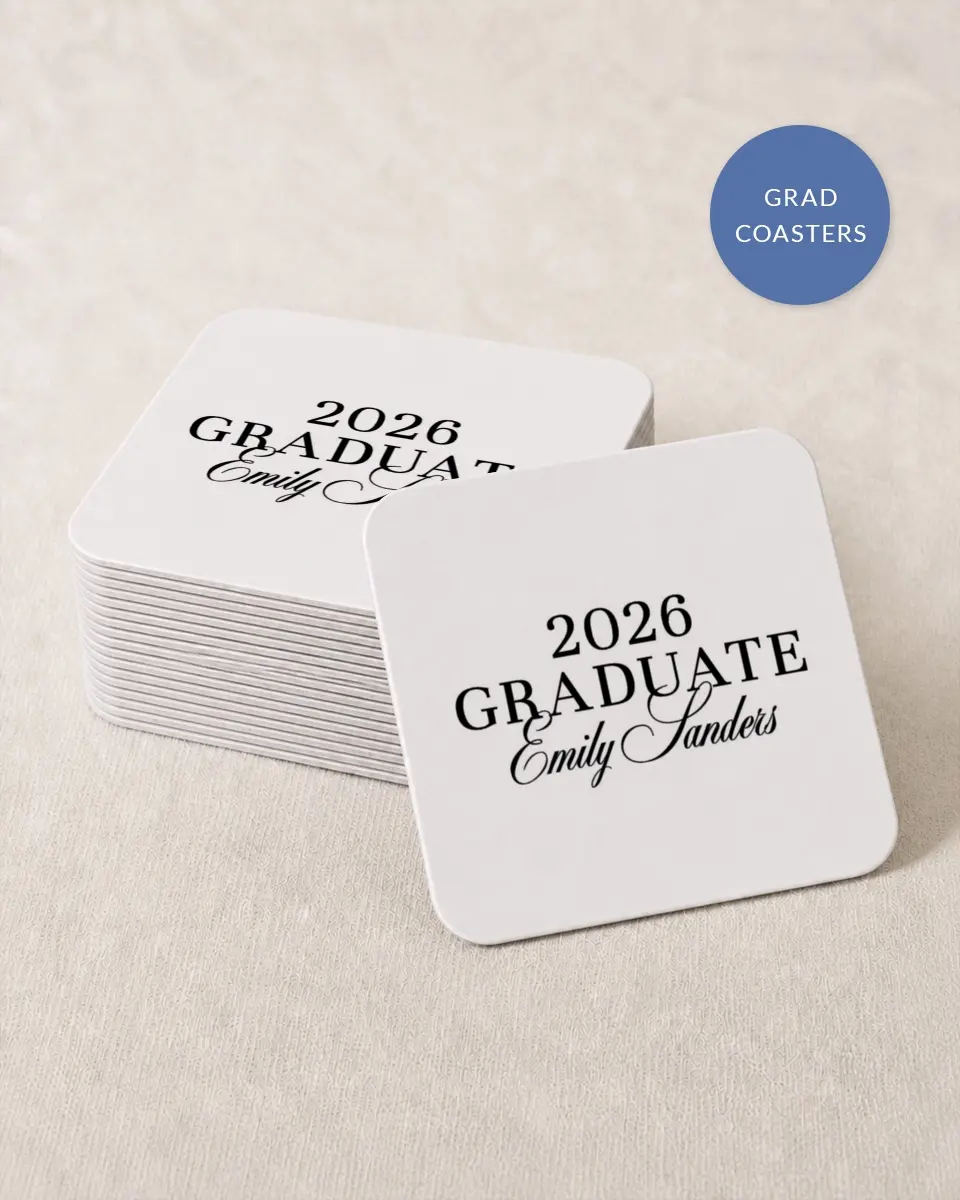 This is a 4" x 4" Wedding Coaster called Scholarly Elegance printed in full color on Kraft Chipboard paper