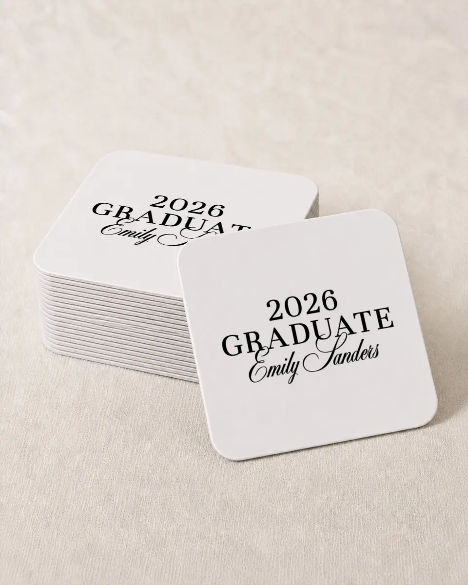 This is a 4" x 4" Wedding Coaster called Scholarly Elegance printed in full color on Kraft Chipboard paper