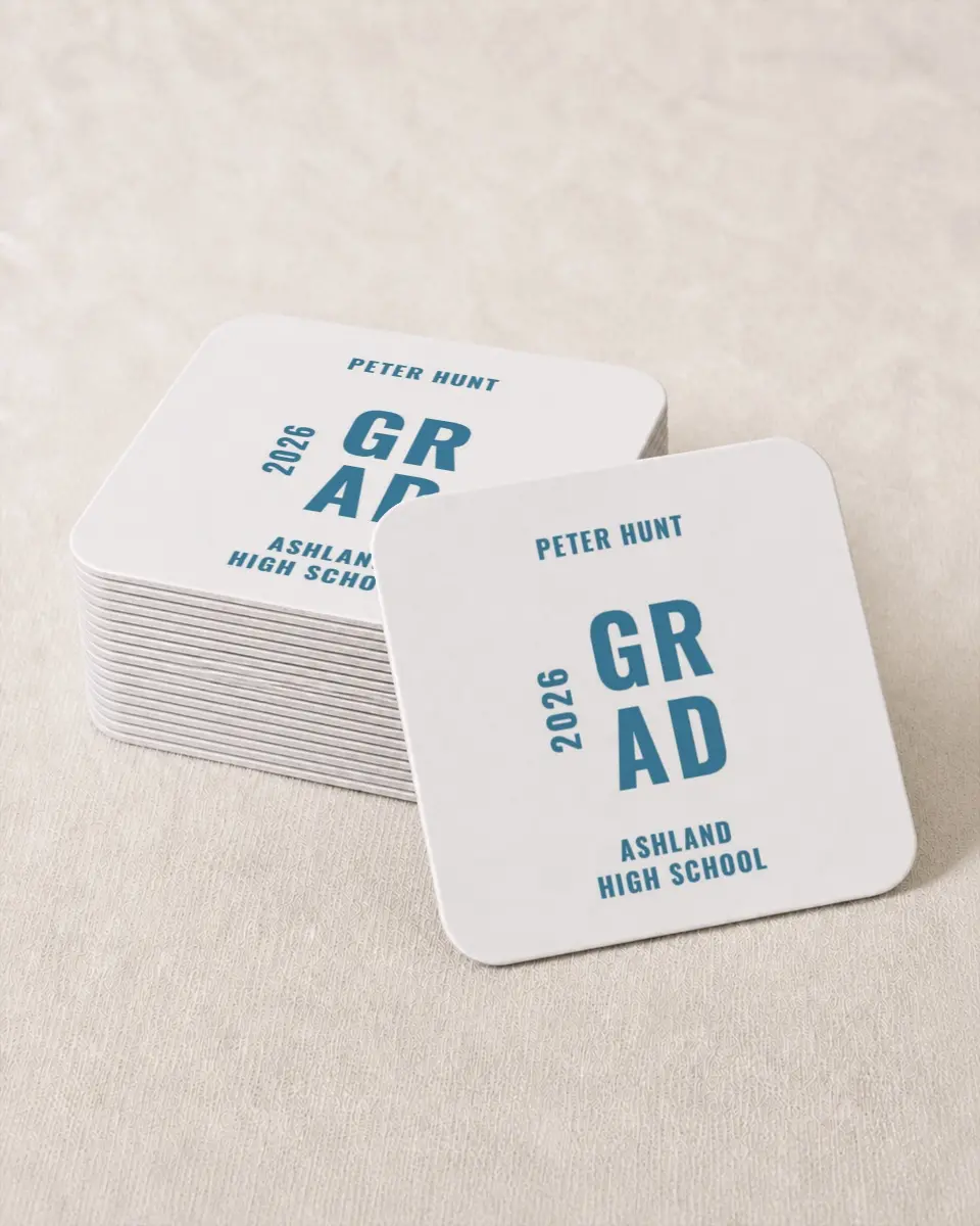 This is a 4" x 4" Wedding Coaster called Modern Milestone printed in full color on Kraft Chipboard paper