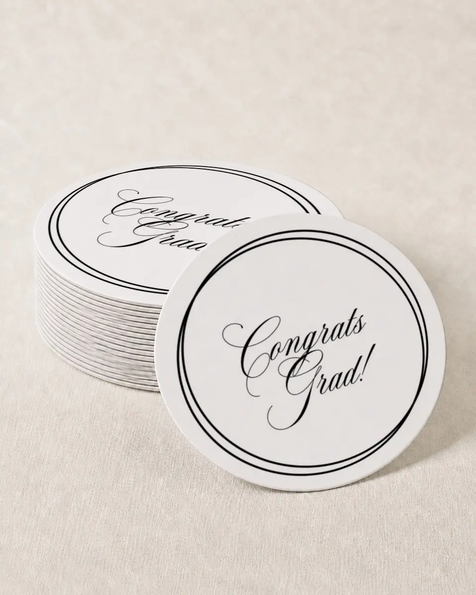 This is a 4" x 4" Wedding Coaster called Elegant Grad printed in full color on Kraft Chipboard paper