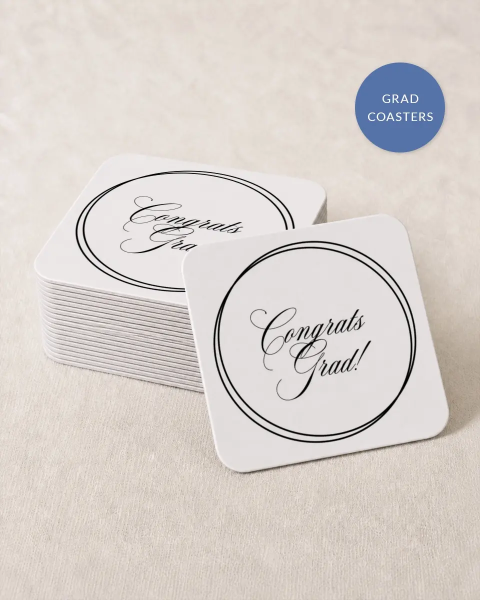 This is a 4" x 4" Wedding Coaster called Elegant Grad printed in full color on Kraft Chipboard paper