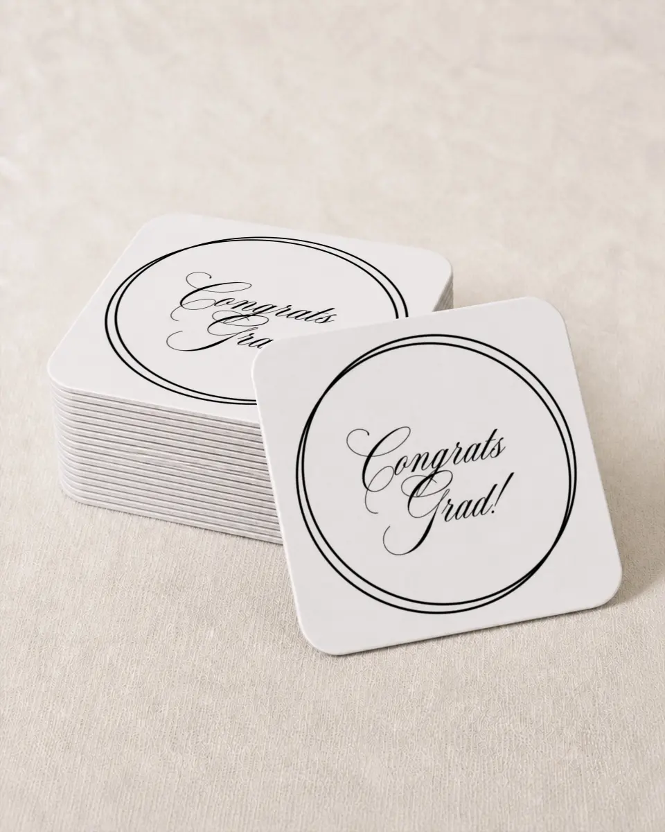 This is a 4" x 4" Wedding Coaster called Elegant Grad printed in full color on Kraft Chipboard paper