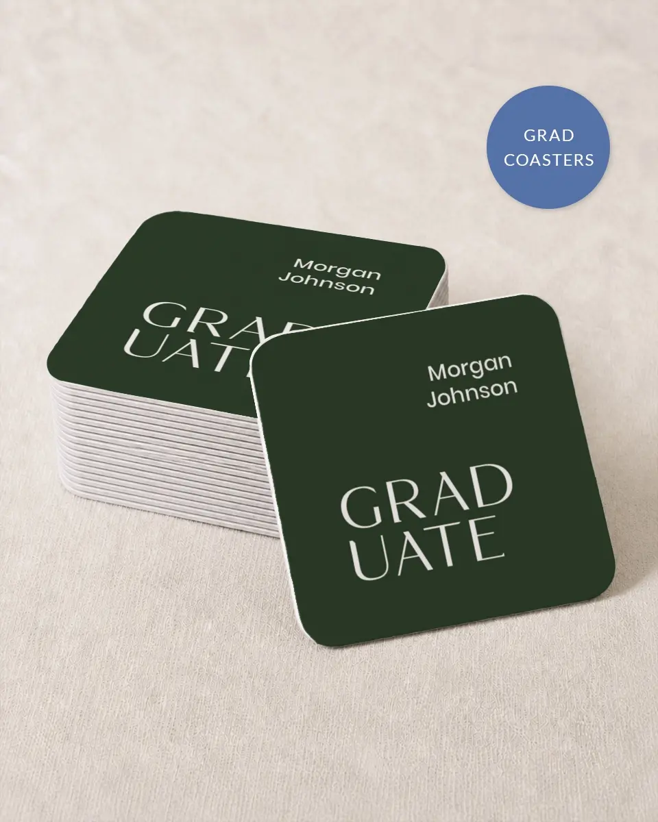 This is a 4" x 4" Wedding Coaster called Spotlight Grad printed in full color with Silver foil on Kraft Chipboard paper