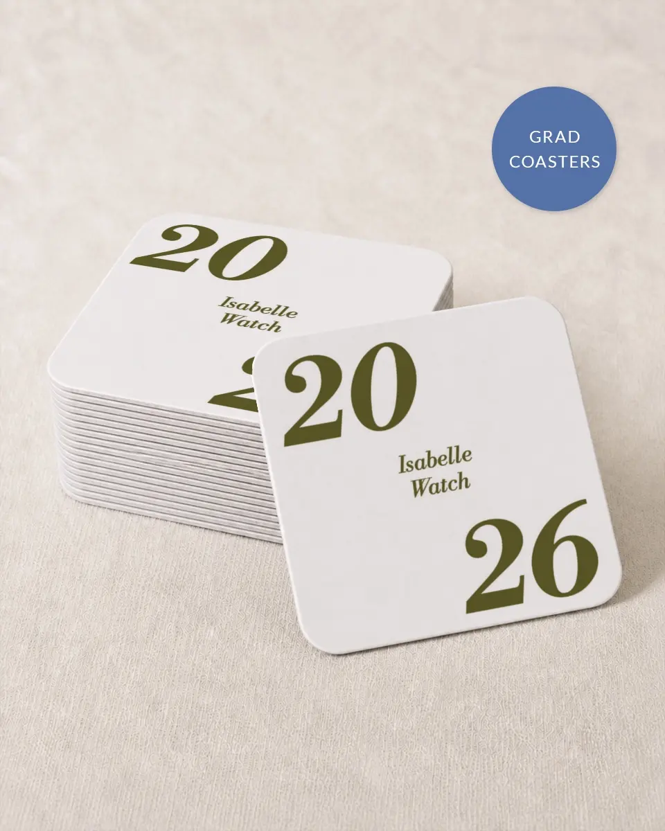 This is a 4" x 4" Wedding Coaster called Grad Year printed in full color with Gold foil on Kraft Chipboard paper