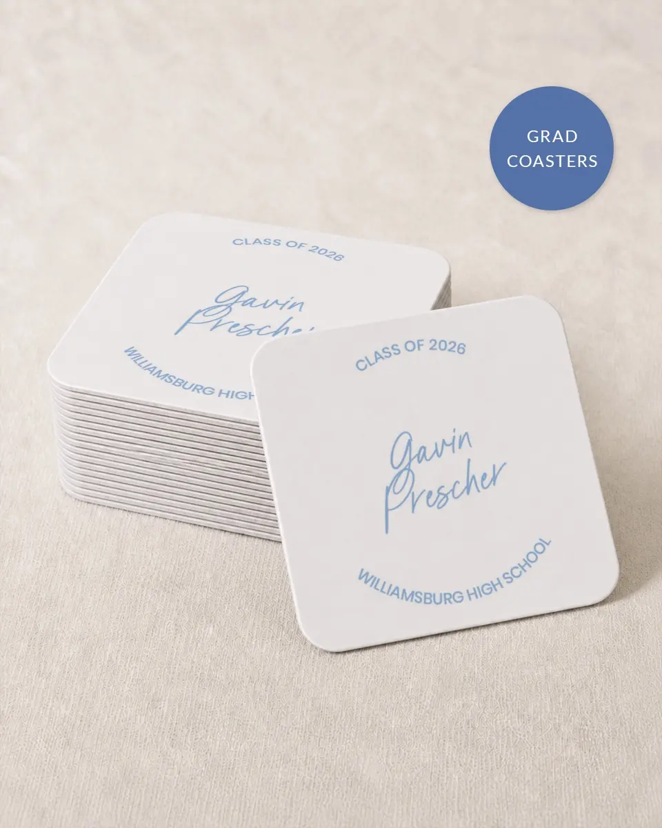 This is a 4" x 4" Wedding Coaster called Simple Grad printed in full color with Gold foil on Kraft Chipboard paper