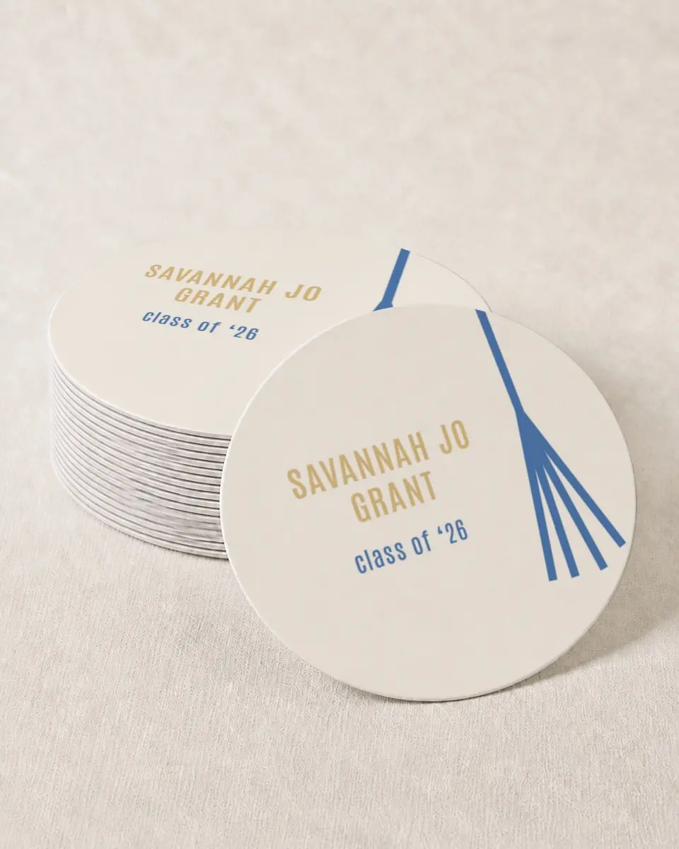 This is a 4" x 4" Wedding Coaster called Turning Tassels printed in full color with Gold foil on Kraft Chipboard paper