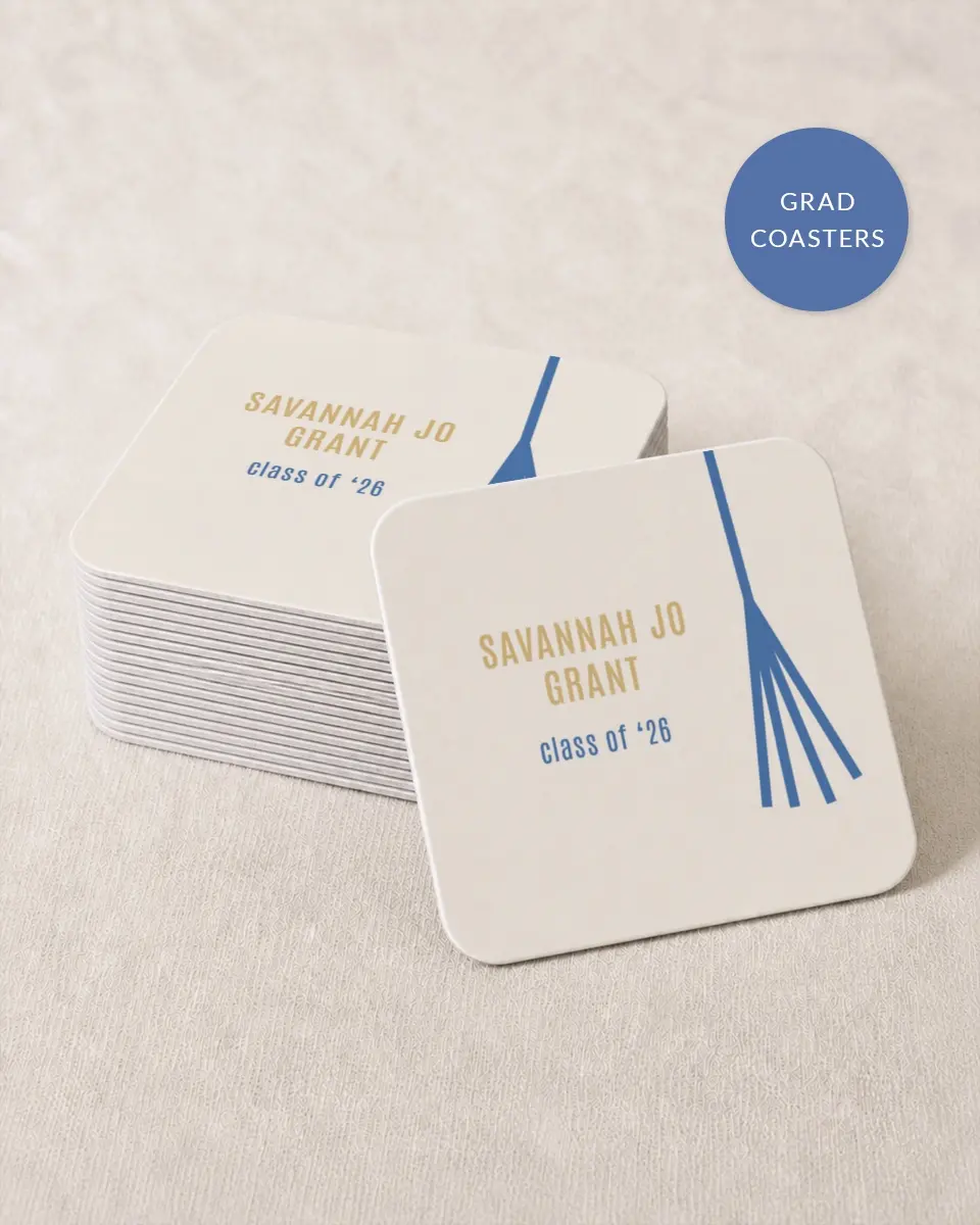 This is a 4" x 4" Wedding Coaster called Turning Tassels printed in full color with Gold foil on Kraft Chipboard paper