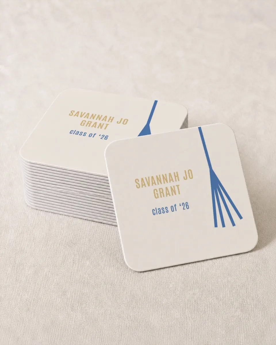 This is a 4" x 4" Wedding Coaster called Turning Tassels printed in full color with Gold foil on Kraft Chipboard paper