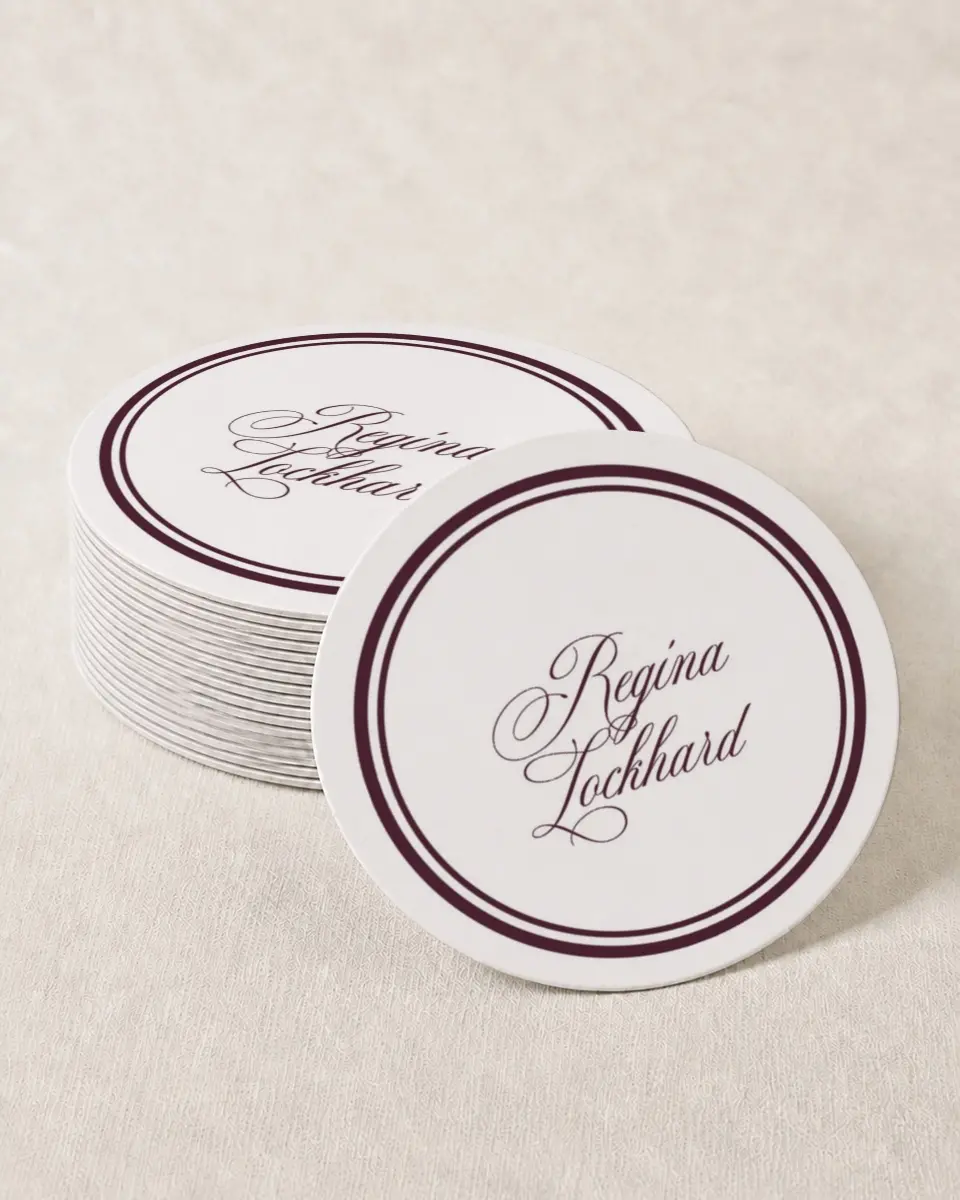 This is a 4" x 4" Wedding Coaster called Timeless Frame printed in full color on Kraft Chipboard paper