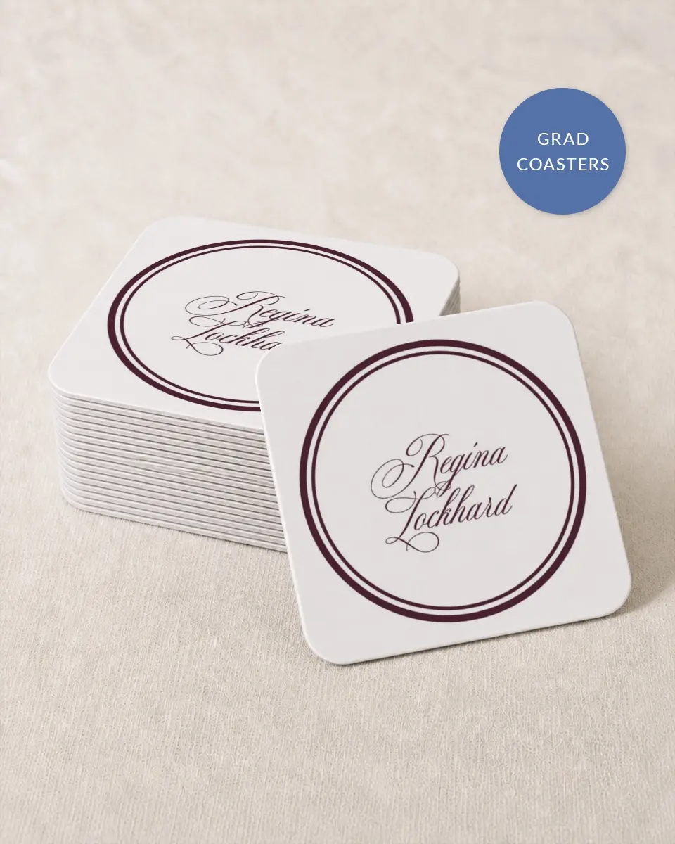 This is a 4" x 4" Wedding Coaster called Timeless Frame printed in full color with Silver foil on Kraft Chipboard paper