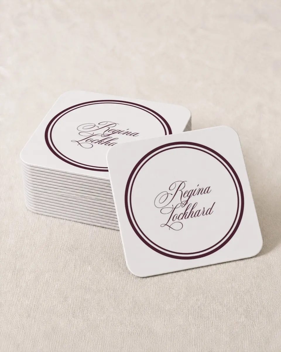 This is a 4" x 4" Wedding Coaster called Timeless Frame printed in full color on Kraft Chipboard paper