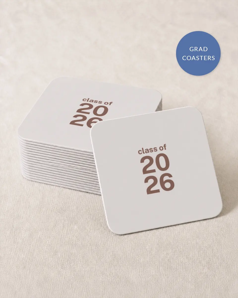 This is a 4" x 4" Wedding Coaster called Graduation Time printed in full color on Kraft Chipboard paper