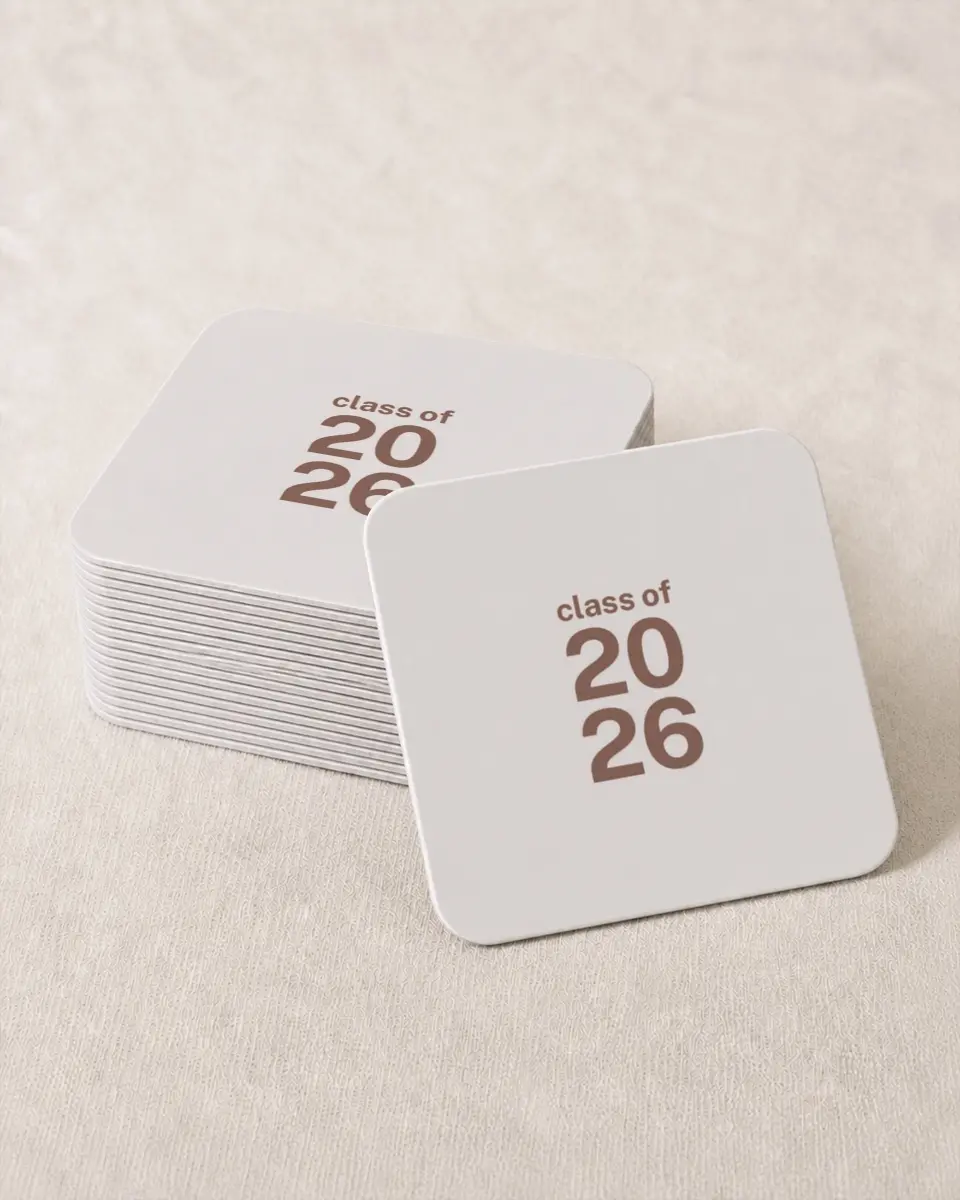 This is a 4" x 4" Wedding Coaster called Graduation Time printed in full color on Kraft Chipboard paper