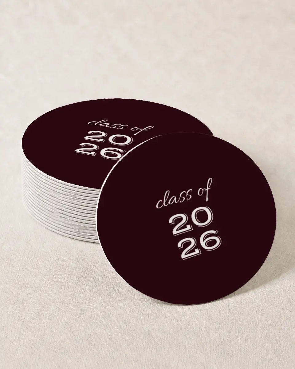 This is a 4" x 4" Wedding Coaster called All Star Graduate printed in full color with Gold foil on Kraft Chipboard paper