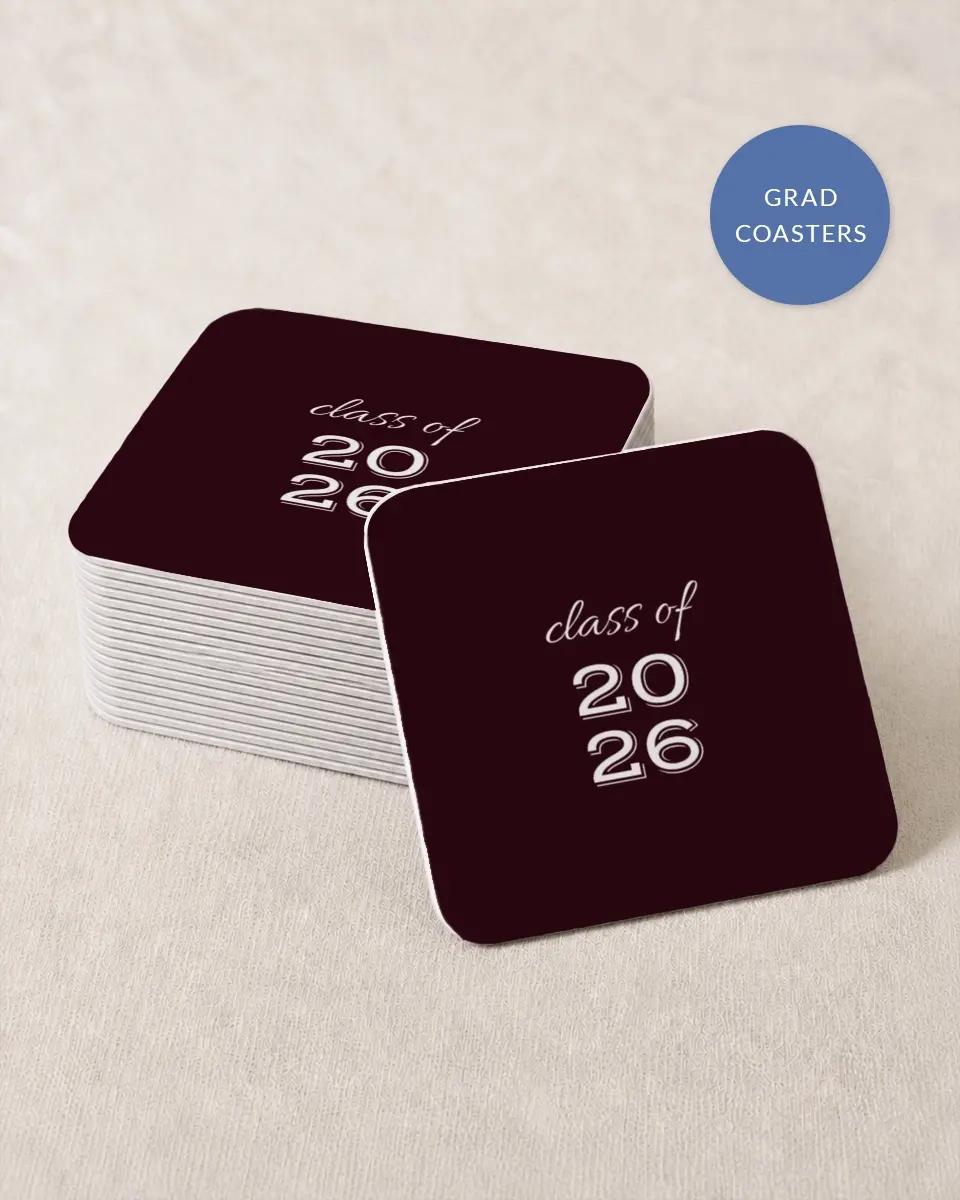 This is a 4" x 4" Wedding Coaster called All Star Graduate printed in full color with Gold foil on Kraft Chipboard paper