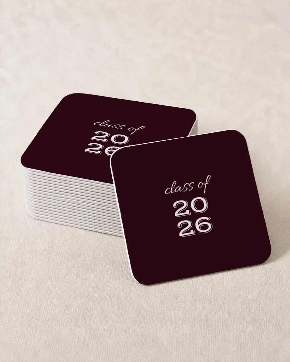 This is a 4" x 4" Wedding Coaster called All Star Graduate printed in full color with Gold foil on Kraft Chipboard paper