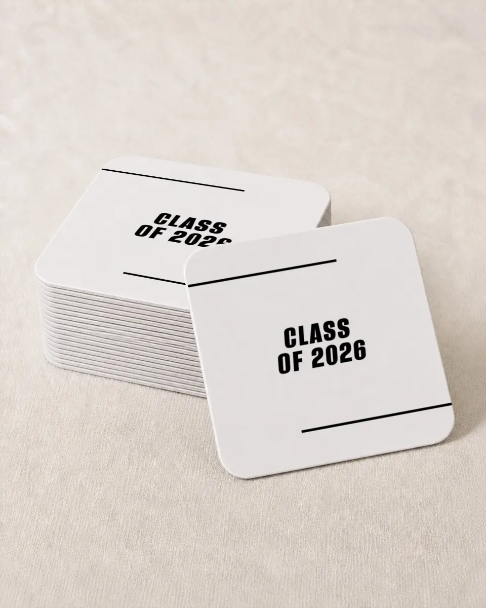This is a 4" x 4" Wedding Coaster called Go Long printed in full color on Kraft Chipboard paper