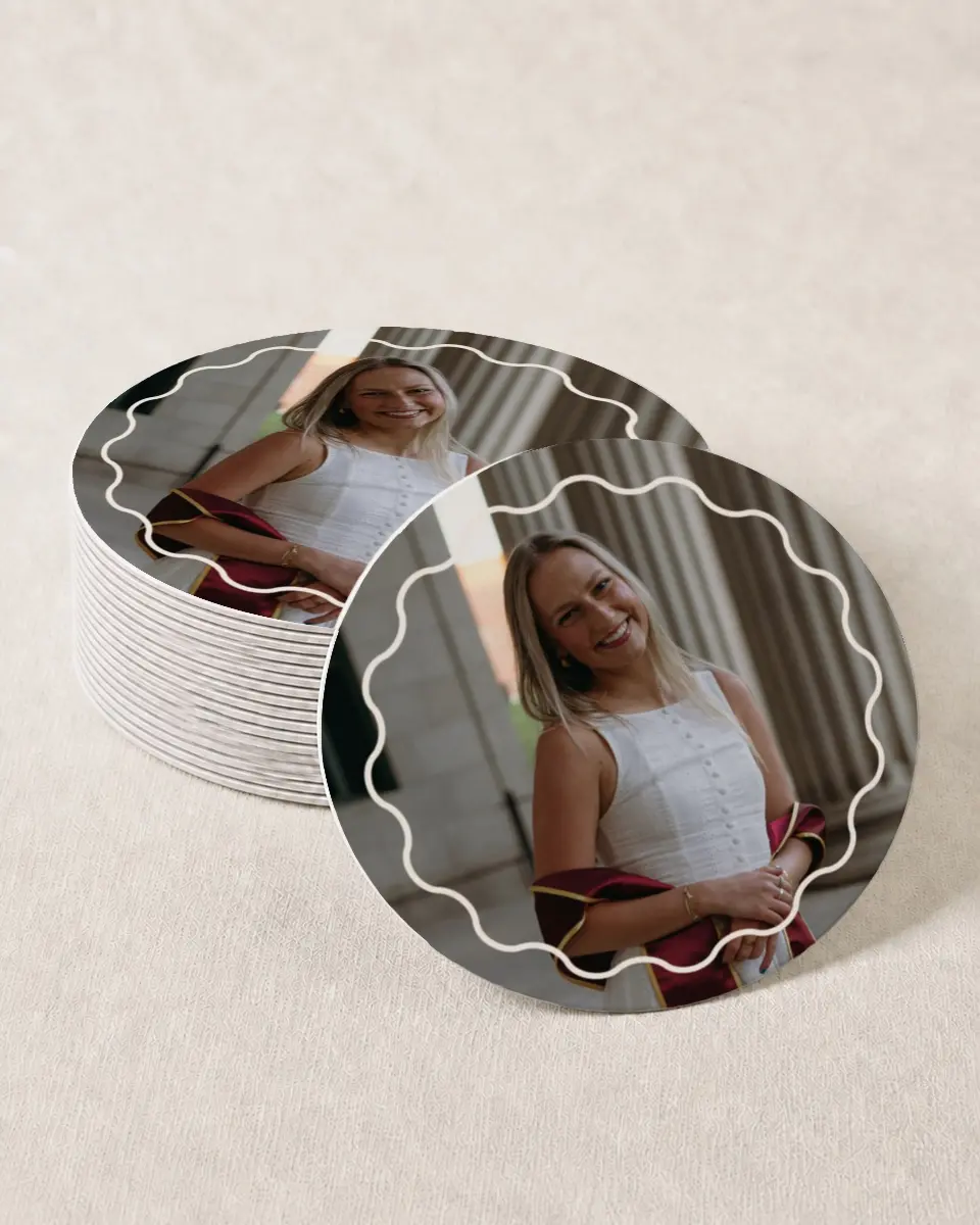 This is a 4" x 4" Wedding Coaster called Walking the Stage printed in full color on Kraft Chipboard paper