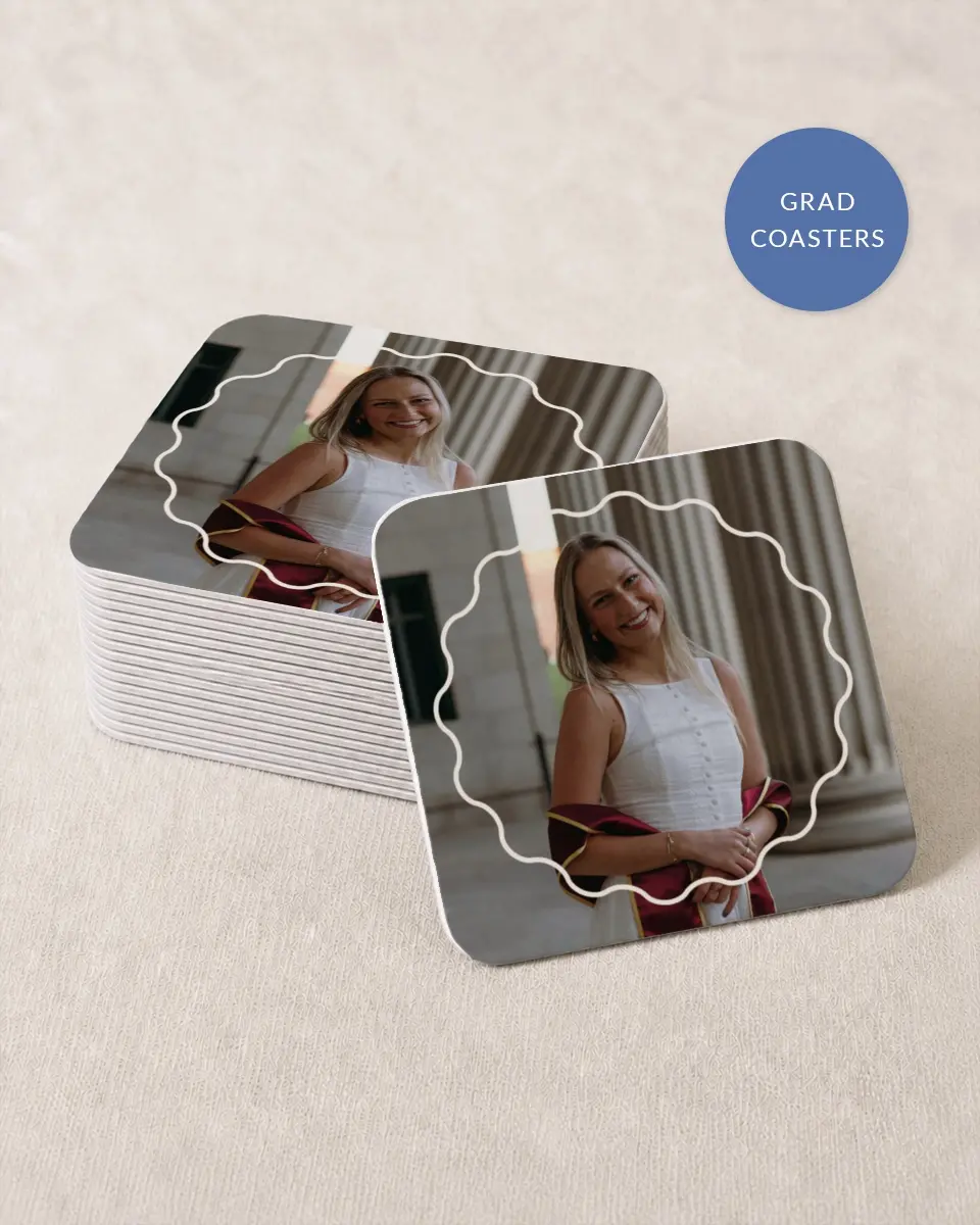 This is a 4" x 4" Wedding Coaster called Walking the Stage printed in full color with Gold foil on Kraft Chipboard paper