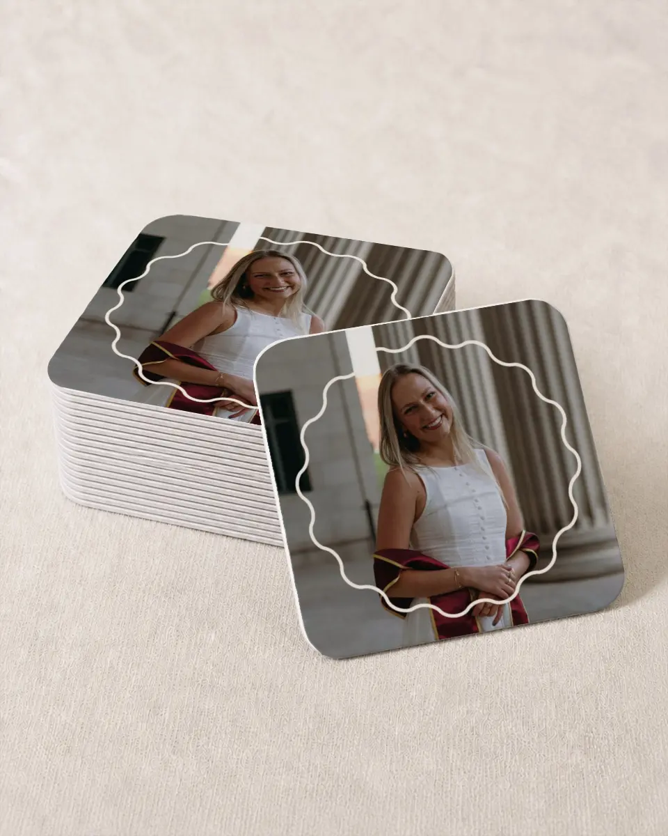 This is a 4" x 4" Wedding Coaster called Walking the Stage printed in full color on Kraft Chipboard paper