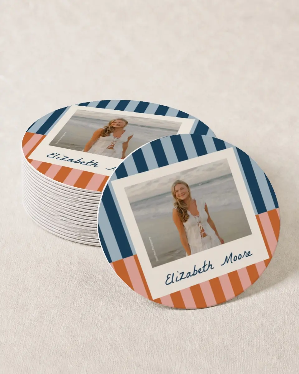 This is a 4" x 4" Wedding Coaster called Scholarly Stripes printed in full color with Gold foil on Kraft Chipboard paper