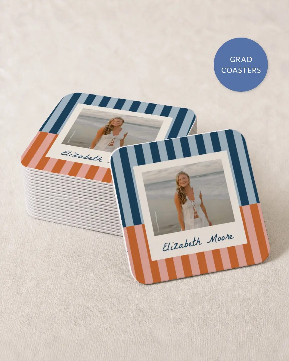 This is a 4" x 4" Wedding Coaster called Scholarly Stripes printed in full color with Gold foil on Kraft Chipboard paper