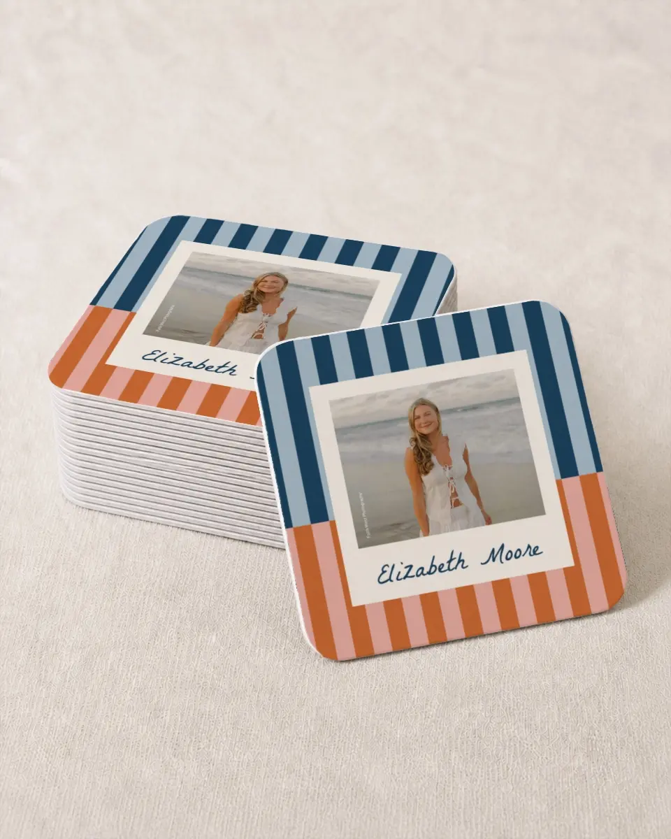 This is a 4" x 4" Wedding Coaster called Scholarly Stripes printed in full color with Gold foil on Kraft Chipboard paper