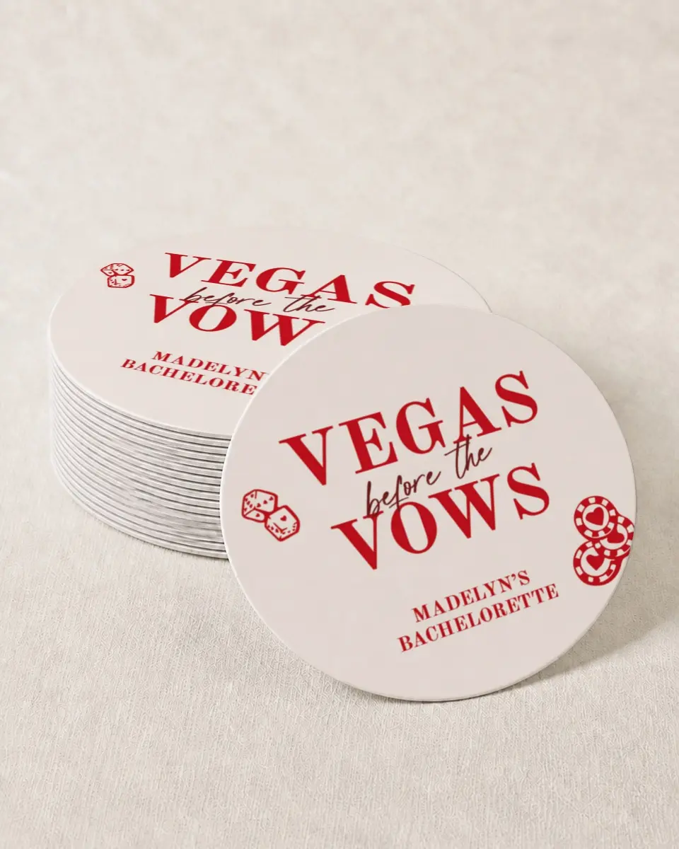 This is a 4" x 4" Bachelorette Party Thank You Card called Vegas Before the Vows printed in full color on Kraft Chipboard paper