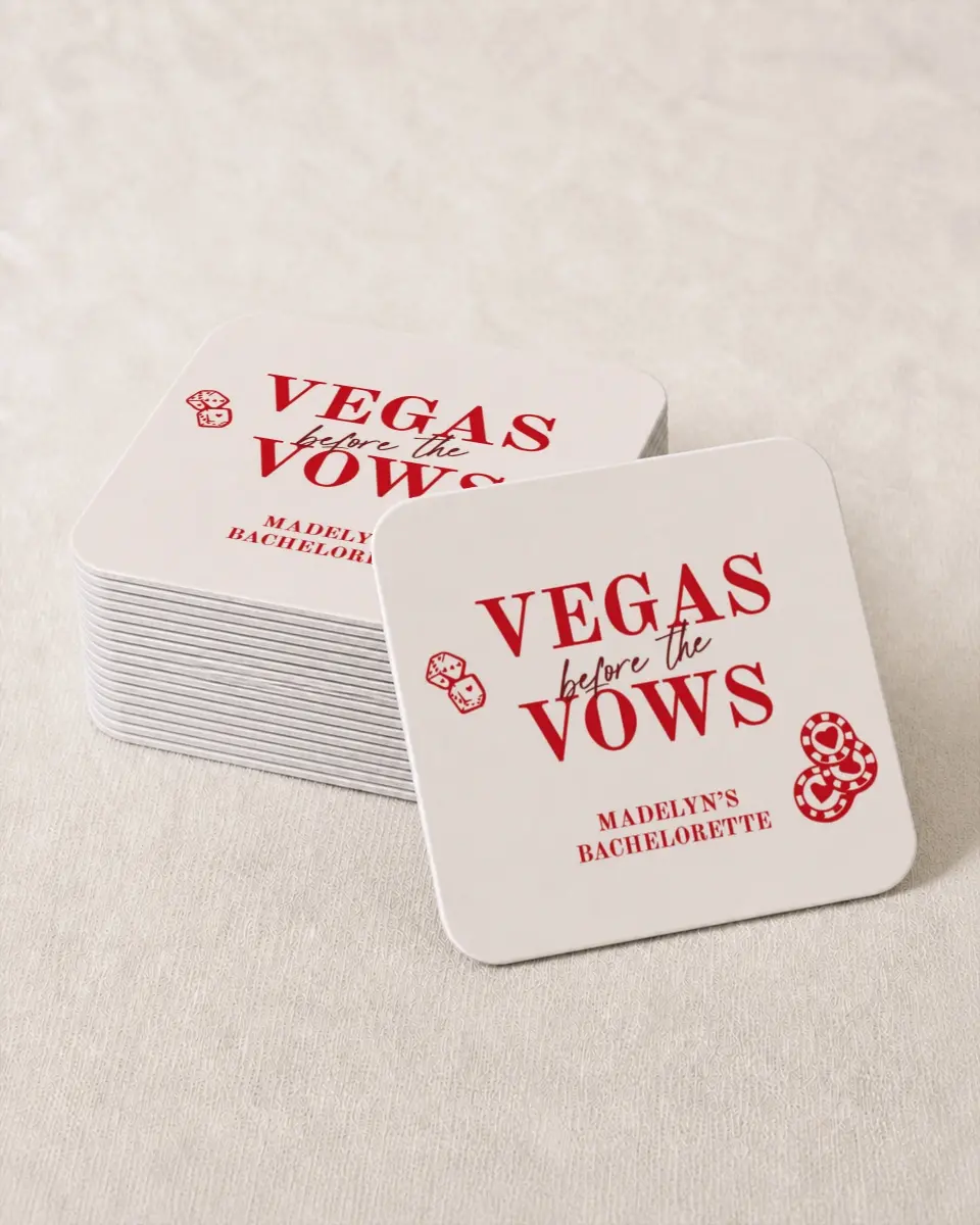 This is a 4" x 4" Bachelorette Party Thank You Card called Vegas Before the Vows printed in full color on Kraft Chipboard paper