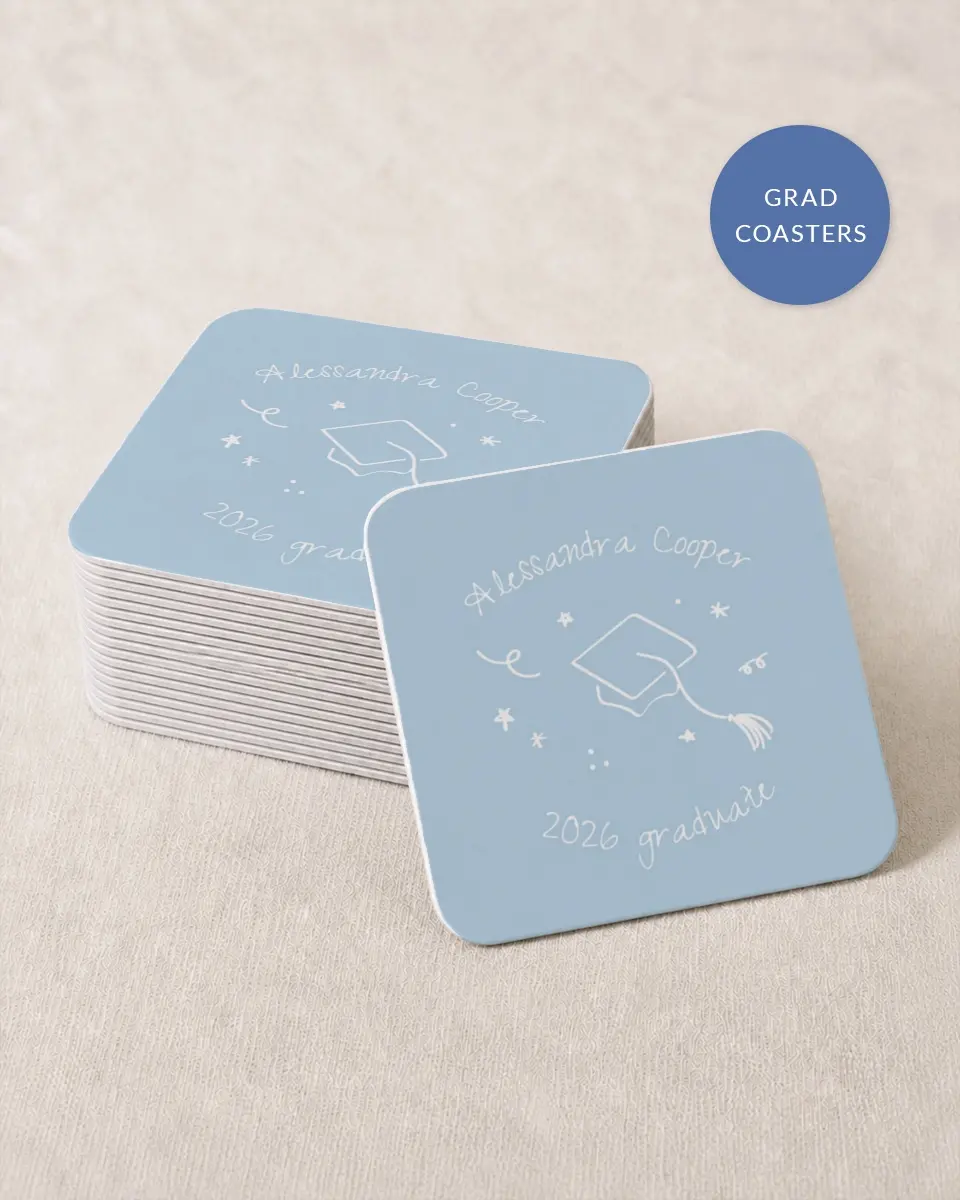 This is a 4" x 4" Wedding Coaster called Doodles in the Margin printed in full color with Rose Gold foil on Kraft Chipboard paper
