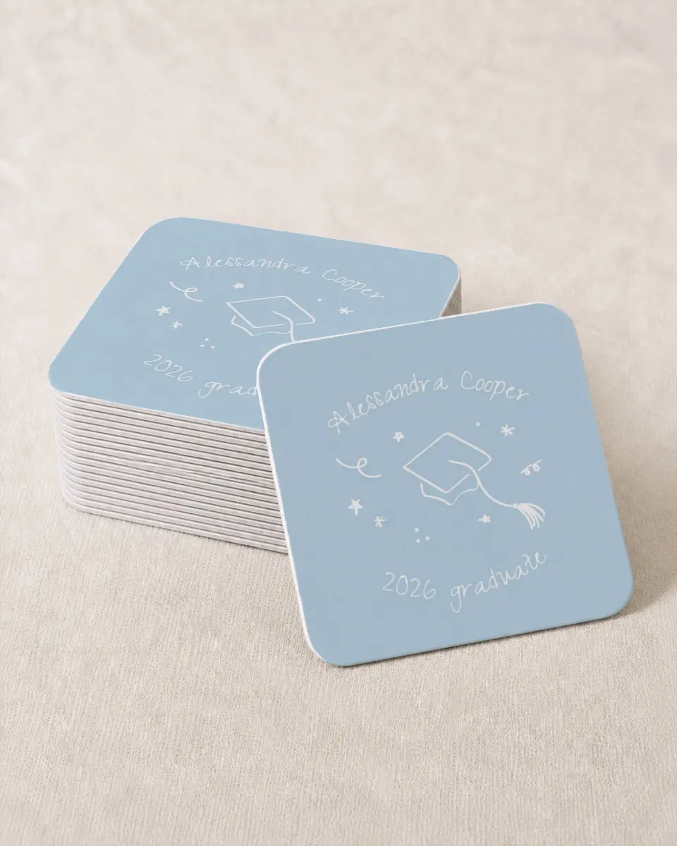 This is a 4" x 4" Wedding Coaster called Doodles in the Margin printed in full color on Kraft Chipboard paper